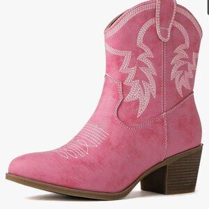 Pink faux leather cowgirl embroidered heal boot